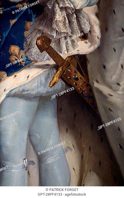 DETAIL OF THE SWORD 'JOYEUSE', REMINDER THAT THE KING IS THE CHIEF OF ARMIES, PORTRAIT OF LOUIS XIV 1638-1715, KING OF FRANCE, IN CORONATION COSTUME
