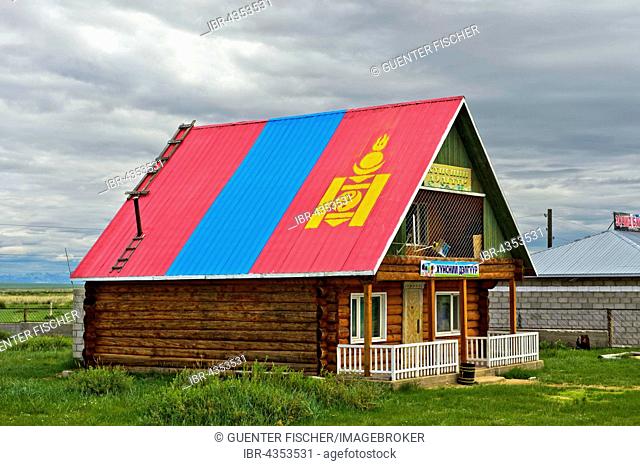 Mongolian national flag, roof painting, grocery store, Dashinchilen, Bulgan Province, Mongolia