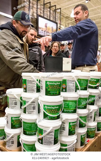 Troy, Michigan - People buy buckets of hollow point ammunition on sale at the Field & Steam outdoors store
