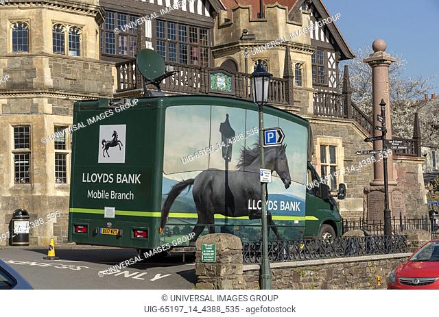 Lynton, Devon, England, UK. March 2019. A Lloyds bank mobile branch parked outside the Lynton Town Hall
