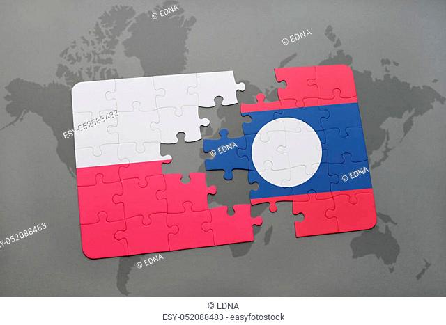 puzzle with the national flag of poland and laos on a world map background. 3D illustration