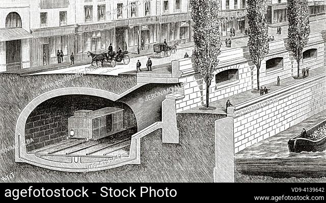 Construction of the Paris subway. Section of the line in the passages built in masonry vaults, France, Europe. Old 19th century engraved illustration from La...