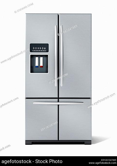 Generic silver refrigerator isolated on white background. 3D illustration