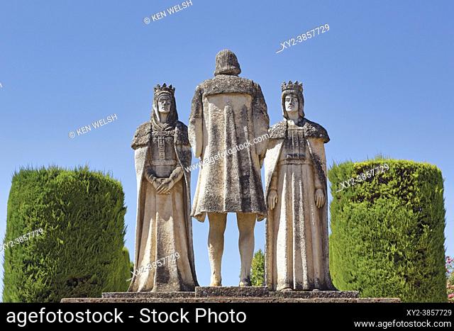 Statue of Christopher Columbus, King Ferdinand and Queen Isabella in the gardens of the Alcazar de los Reyes Cristianos, Cordoba, Cordoba Province, Andalusia