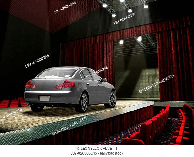 Sedan car on a fashion runway, in the spotlght. No people on the seats around