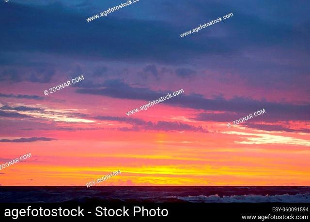 sunset on the sea, sunrise on the coast, purple sky at sunset