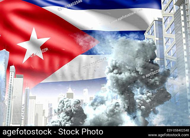 big smoke pillar in the modern city - concept of industrial disaster or terroristic act on Cuba flag background, industrial 3D illustration