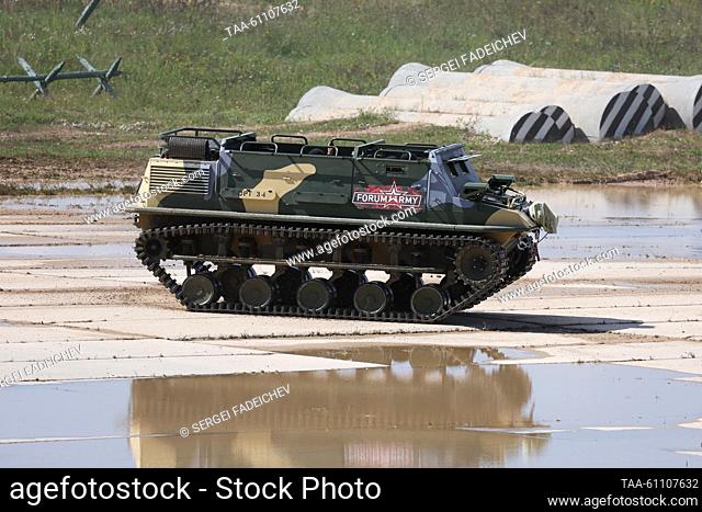 RUSSIA, MOSCOW - AUGUST 16, 2023: A Plastun all-terrain vehicle takes part in a dynamic display of weaponry and military hardware as part of the Army 2023...