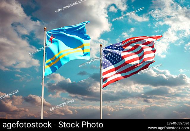 Beautiful national state flags of USA and Aruba together at the sky background. 3D artwork concept