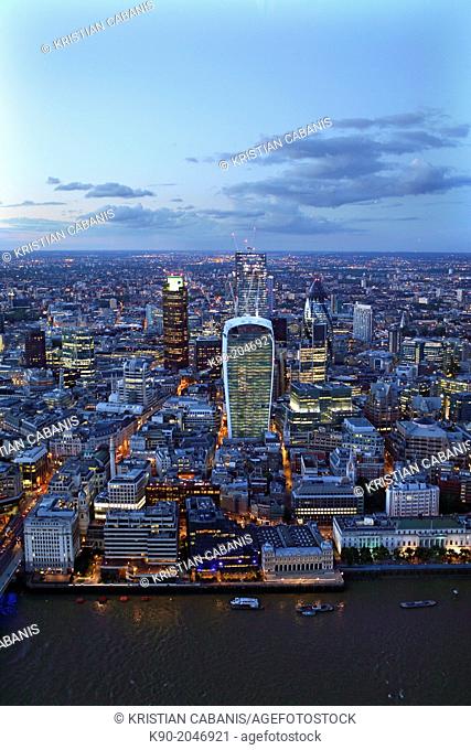Aerial view of London at night with Financial District, England, Great Britain, United Kingdom, Europe