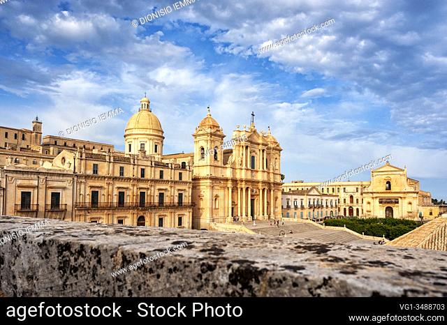 Noto, Syracuse district, Val di Noto, Sicily, Italy, Europe, Cathedral of San Nicolò and Basilica of San Salvatore viewed from the terrace of the church of San...