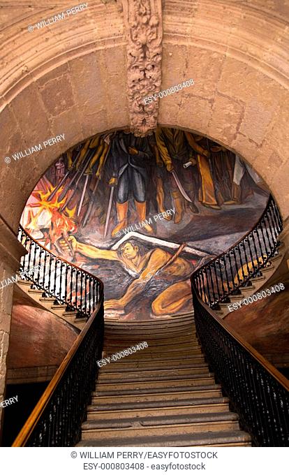 Stairs in Government Palace Morelia Mexico  Facing Mural by Alfredo Zalce of War of Independence in Mexico when Mexican Peasant, later known as the Turtle