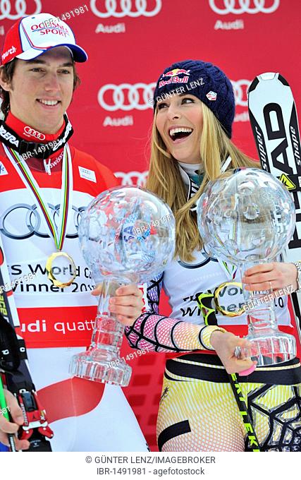 Carlo Janka and Lindsey Vonn with the Overall World Cup Crystal Ball, award ceremony, FIS World Cup Final, 2010, Garmisch-Partenkirchen, Bavaria, Germany