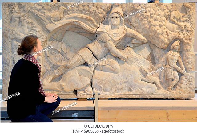 ATTENTION PUBLICATION BLOCKING PERIOD THURSDAY 30 JANUARY 2014 4.30 PM .The reconstructed Relief of Mithras of Tor Cervara in Rome is shown in Karlsruhe Palace...
