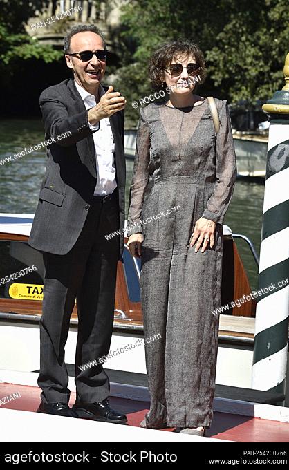 VENICE, ITALY - SEPTEMBER 01: Nicoletta Braschi and Roberto Benigni are seen arriving at the 78th Venice International Film Festival on September 01
