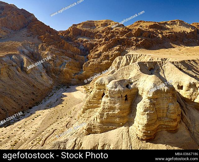 Landscape with caves of Qumran on the Dead Sea, Israel, Middle East