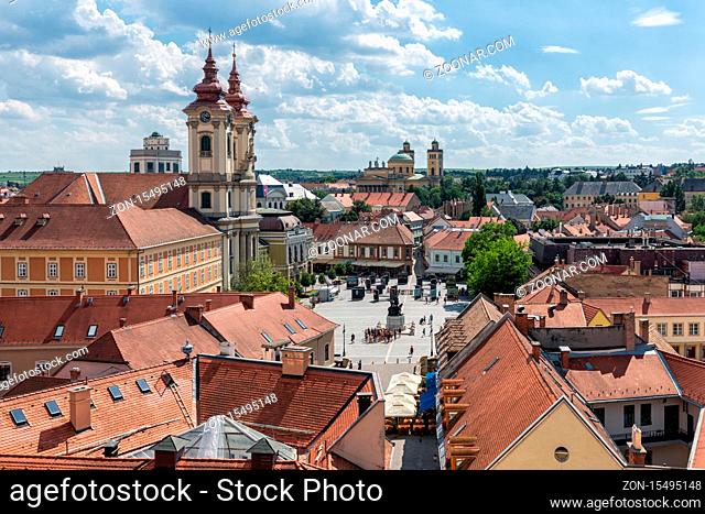 Eger, Hungary - July 05, 2019: Aerial view of medieval city from Eger Castle, Hungary