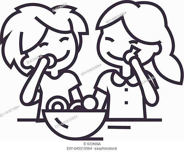 kids eating candy vector line icon, sign, illustration on white background, editable strokes