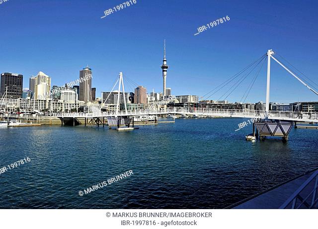 View of the new bascule bridge from the Viaduct Events Centre, behind the sykline, Auckland, New Zealand
