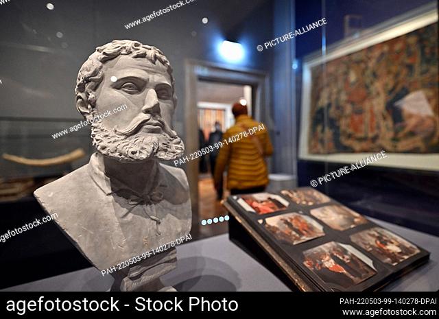 03 May 2022, Thuringia, Eisenach: A plaster bust of Martin Luther as Junker Jörg from the 19th century is on display in an exhibition at Wartburg Castle
