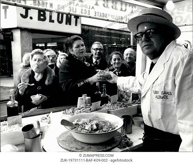 Nov. 11, 1973 - Minister Gives A Real East End Thank You To His Friends. The Rev. John Pellow today took over Tubby Isaac's Eel Stall in Aldgate