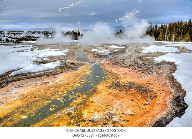 Boiling water mixes with bacteria and microorganisms to produce high-color amongst the snow at Daisy Geyser at Yellowstone National Park, Wyoming