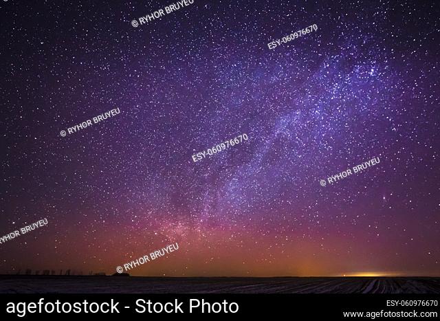 Natural Real Night Sky Stars With Milky Way Over Field