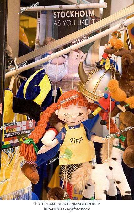 Pippi Longstocking doll in a souvenir shop, Gamla Stan, historic city centre of Stockholm, Sweden, Scandinavia, Europe
