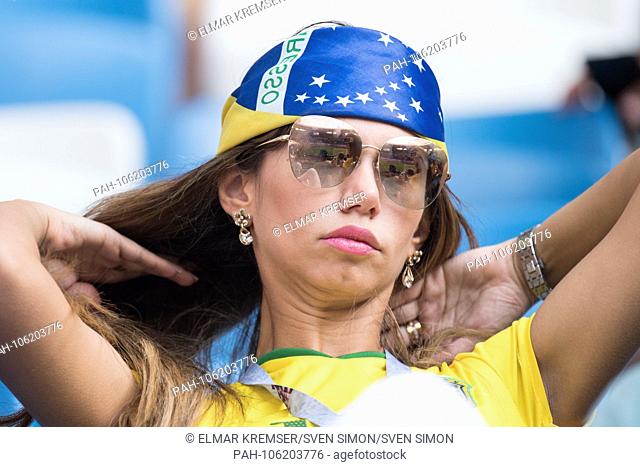 Female brazilian fan with headscarf, woman, fan, fans, spectators, supporters, supporter, bust portrait, Brazil (BRA) - Mexico (RUS) 2: 0, knockout round
