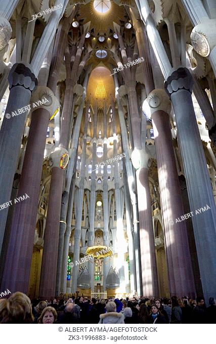 Inside the Basilica of the Sagrada Familia bu Gaudi, Barcelona, Catalonia, Spain