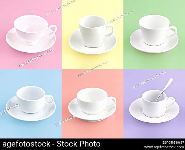Set of different cup of coffee on many color background