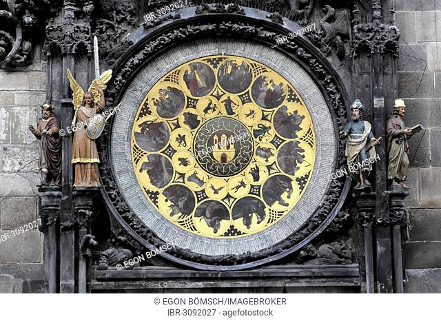 Calendar disc of the Astronomical Clock on Town Hall Tower, Old Town Square, historic center, Prague, Hlavní mesto Praha, Czech Republic