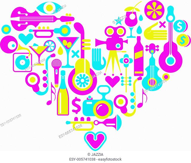 Cinema love - heart with many vector icons