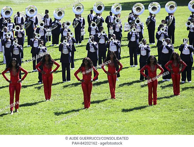 The Tennessee State Marching Band performs on the South Lawn of the White House during a reception in honor of the opening of the Smithsonian National Museum of...