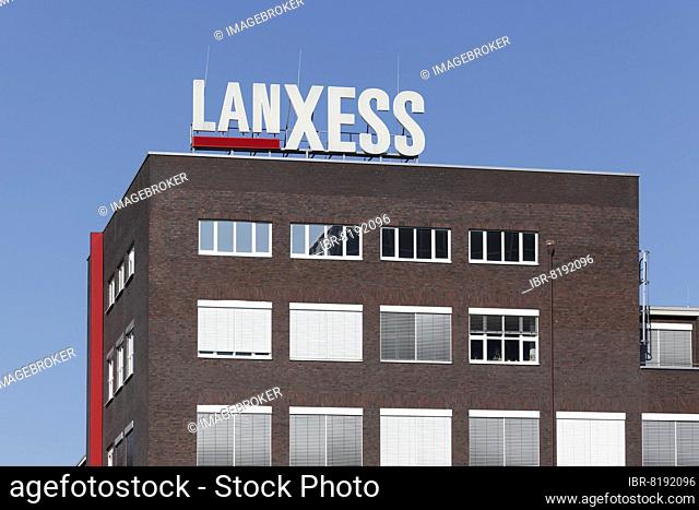Lanxess, logo on the former corporate headquarters, chemical company, Chempark Leverkusen, North Rhine-Westphalia, Germany, Europe