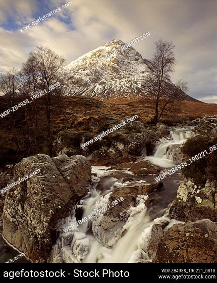 Scotland, Highland, Lochaber, Buachaille Etive Mor and the River Coupall. This mountain is situated at the head of both Glen Coe and Glen Etive and on the edge...