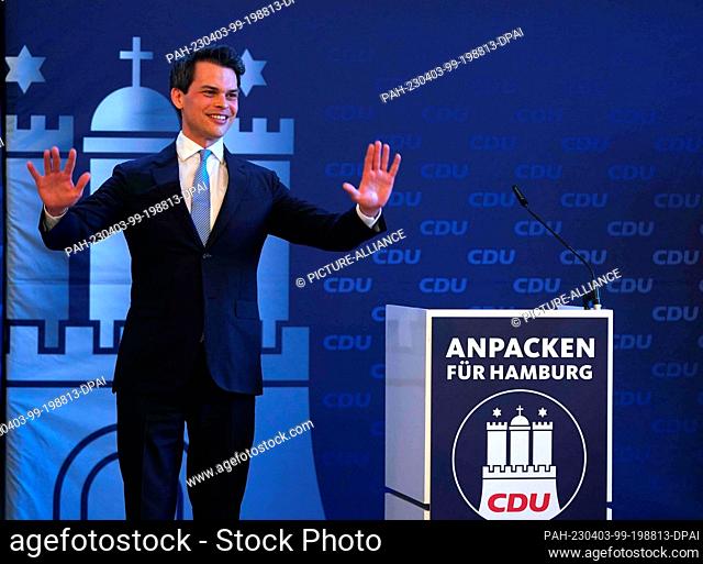 03 April 2023, Hamburg: Christoph Ploß, party chairman of the CDU Hamburg, gestures after his speech at the state party conference of the CDU Hamburg in the...