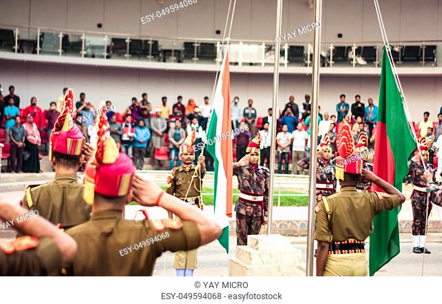Petrapole-Benapole, Bangaon, 5th Jan, 2019: Joint Retreat of lowering of national flags Ceremony, a military show as Wagah Border with soldiers of Border Guard...