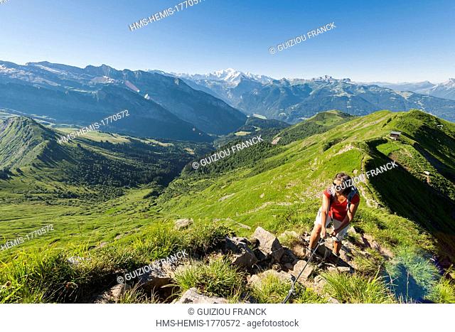 France, Haute-Savoie, Haut Giffre massif, hiking to Pointe d'Angolon starting from the pass of Joux Plane, panorama of the Giffre valley and the Mont Blanc...
