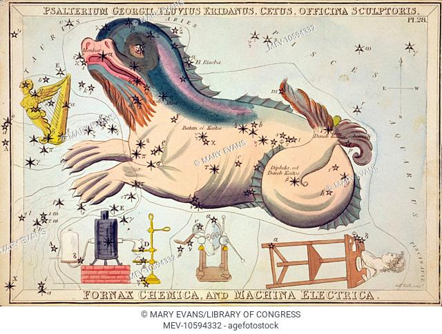 Psalterium Georgii, Fluvius Eridanus, Cetus, Officina Sculptoris, Fornax Chemica, and Machina Electrica. Astronomical chart showing a whale, a harp
