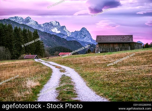 An image of a bavarian scenery with Alps