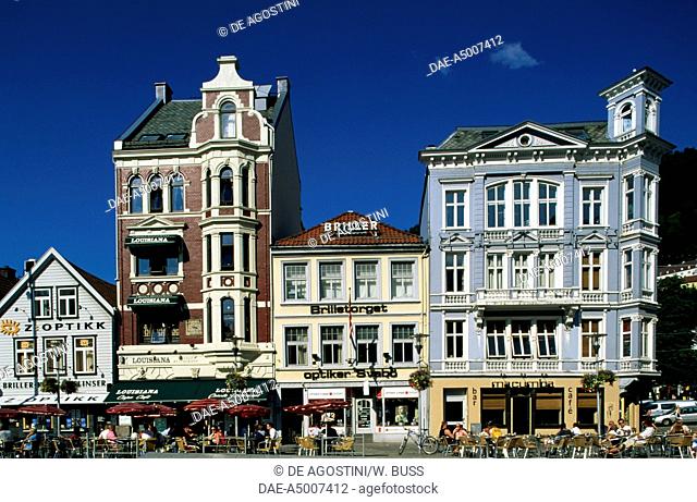 Buildings in Torget Square, Bergen, Hordaland County, Norway