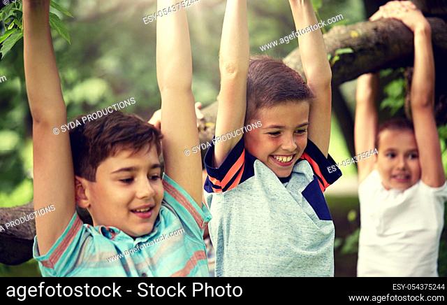 close up of kids hanging on tree in summer park