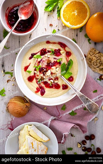 Celery camembert soup with cranberries