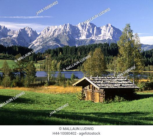 10080402, scenery, near Kitzbühel, mountains, Austria, Europe, barn, Schwarzsee, lake, Tyrol, Wilder Kaiser