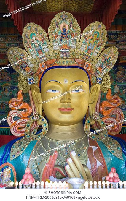 Golden Buddha statue in a monastery, Thiksey Monastery, Ladakh, Jammu and Kashmir, India