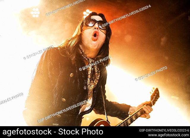 Oslo, Norway. 27th, February 2023. The American rock band Dirty Honey performs a live concert at John Dee in Oslo. Here guitarist John Notto is seen live on...