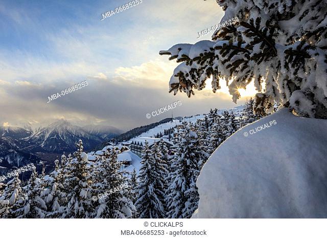 Sunbeam in the snowy woods framed by the winter sunset Bettmeralp district of Raron canton of Valais Switzerland Europe