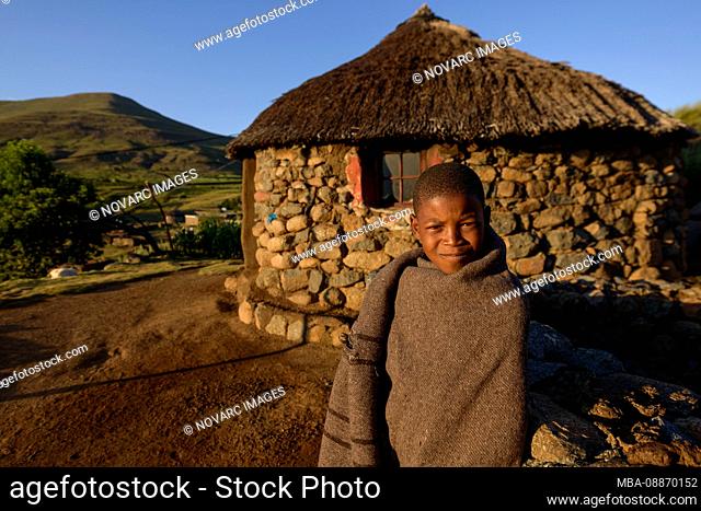 Basotho shepherd in traditional dwelling, Lesotho, Africa