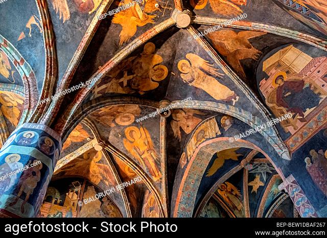 Lublin, Lubelskie / Poland - 2019/08/18: Medieval frescoes and architecture inside the Holy Trinity Chapel within Lublin Castle royal fortress in historic old...